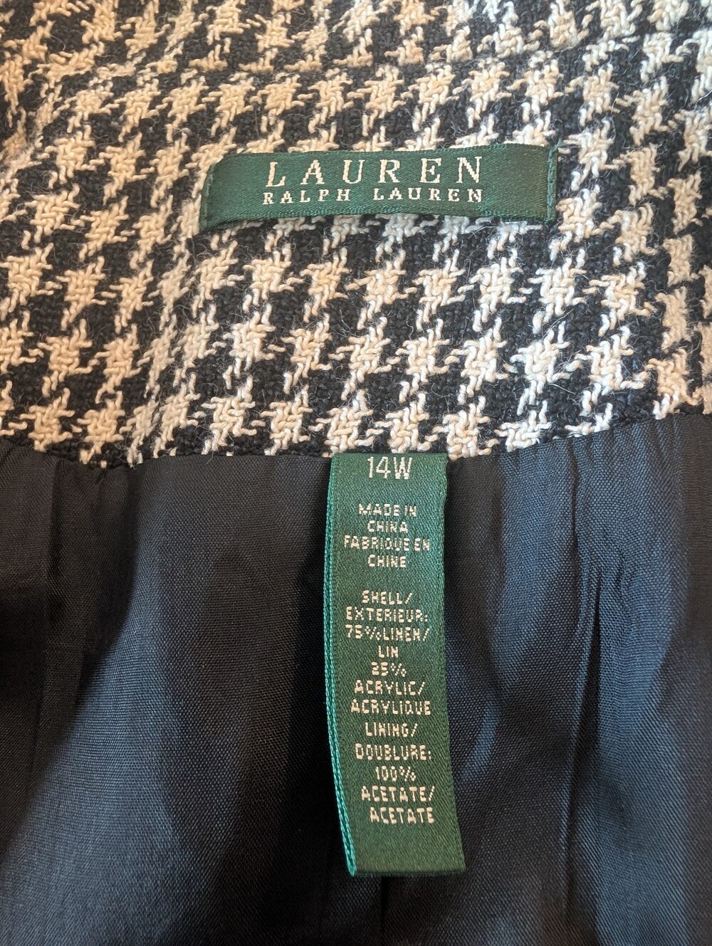 Ralph Lauren Linen Blend Black and White Houndstooth Blazer, Size 14W - Picture 5 of 8